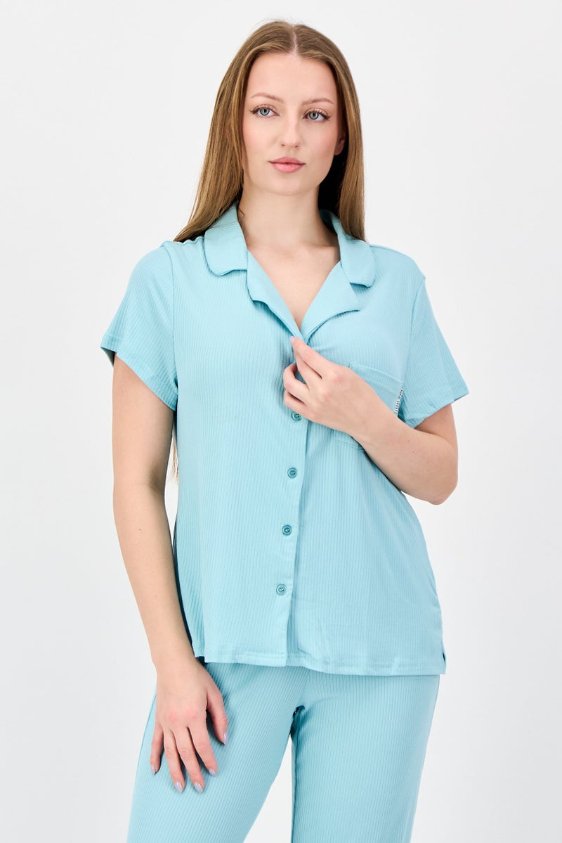 NINE WEST Women 2 Pieces Ribbed Top And Bottoms Set, Turquoise - Image 2